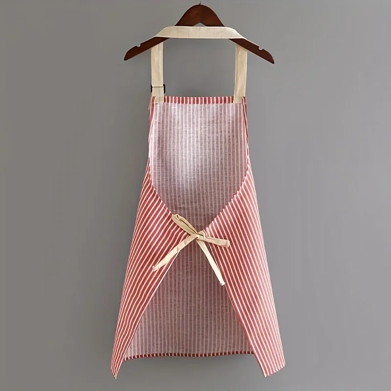 Linen Waterproof Apron Red Green Striped  Kitchen Household Adult Apron, Breathable Fashion  Kitchen Supplies