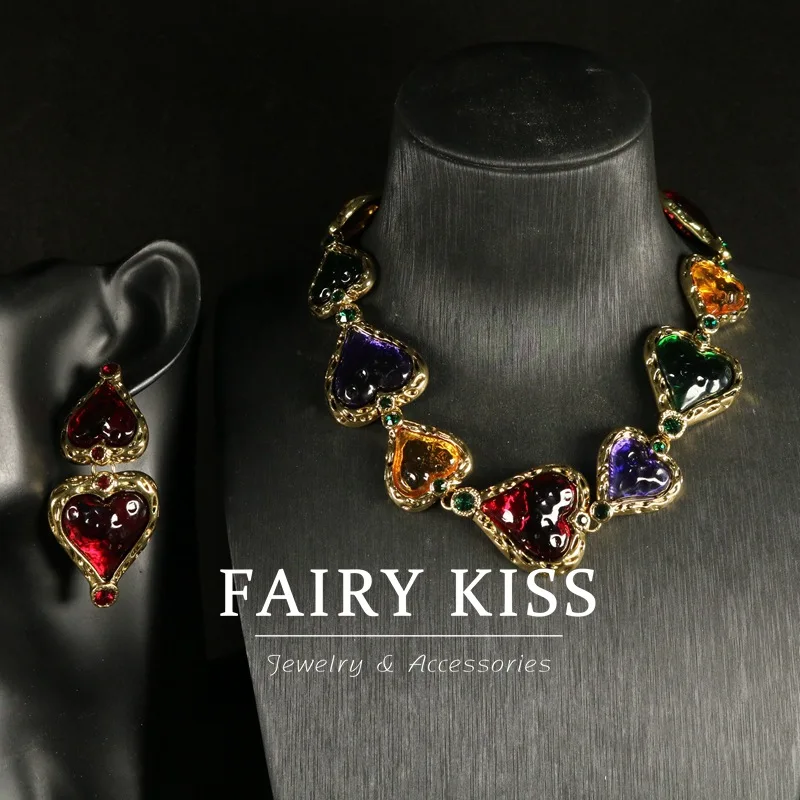 

Ретро позолоченные серьги-колье в форме сердца, красочные серьги-гвоздики с подвеской, ювелирные изделия с бриллиантами