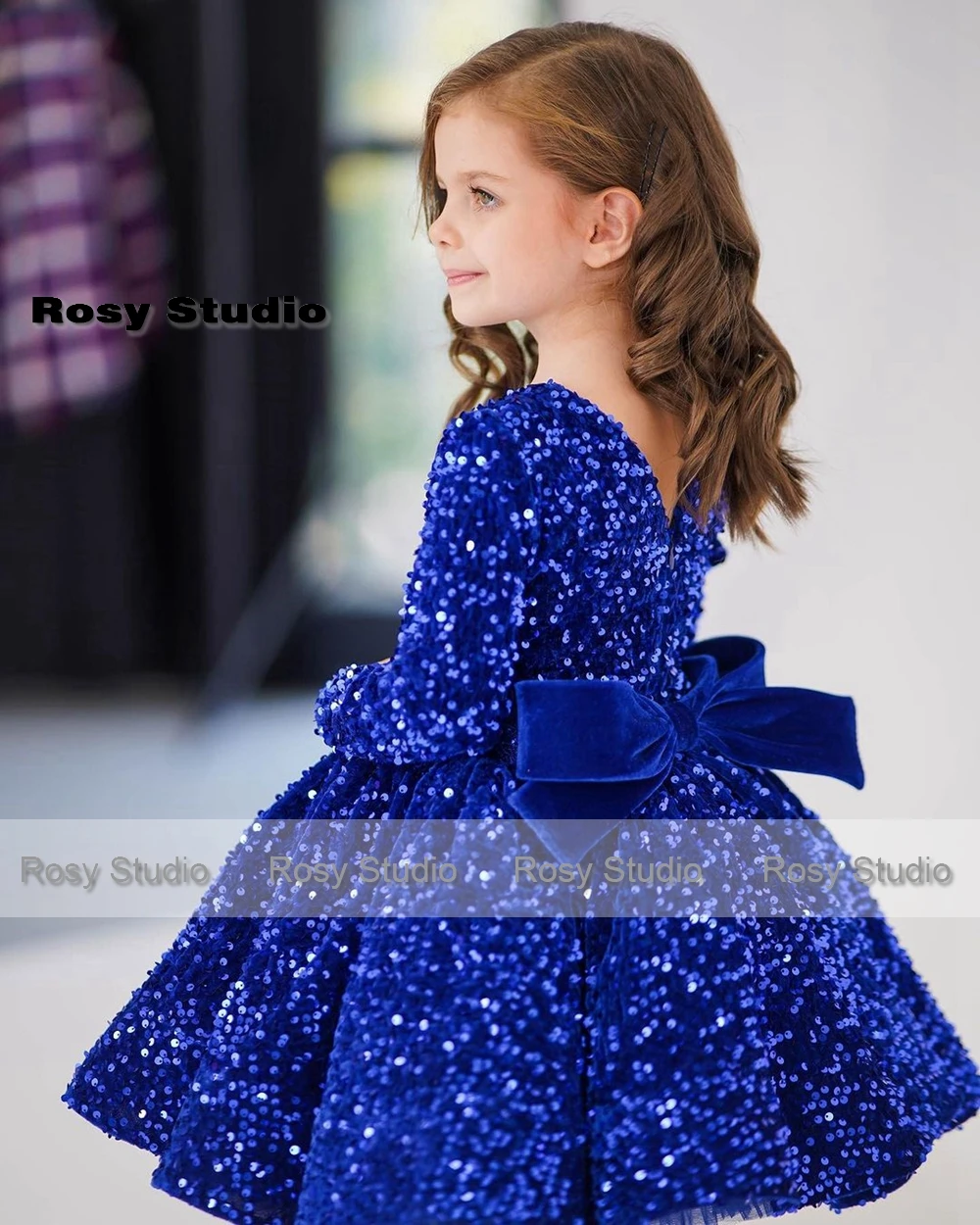 Fashion Velour Sequin Girl's Prom Dresses Long Sleeves Kids Evening Party Gown Puffy A-line Mini Children Pageant Birthday Dress