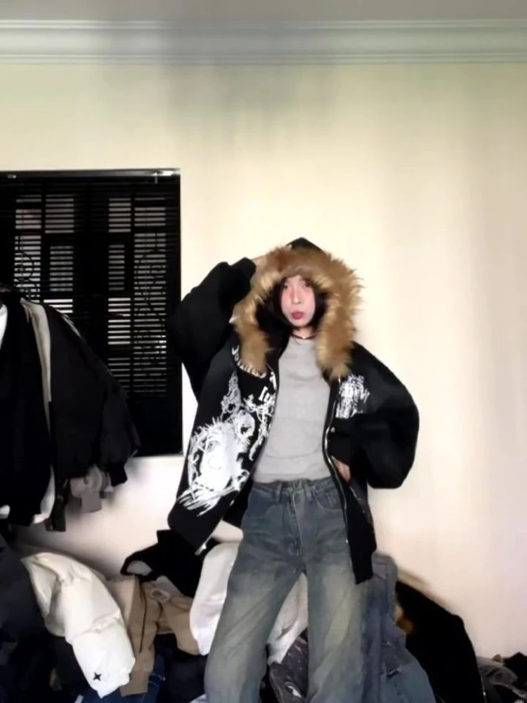 الأمريكية خمر الشرير معطف غير رسمي فو الفراء فضفاض لون نقي شارع العليا سحاب أكمام طويلة الكرتون إلكتروني نمط أبلى الخريف