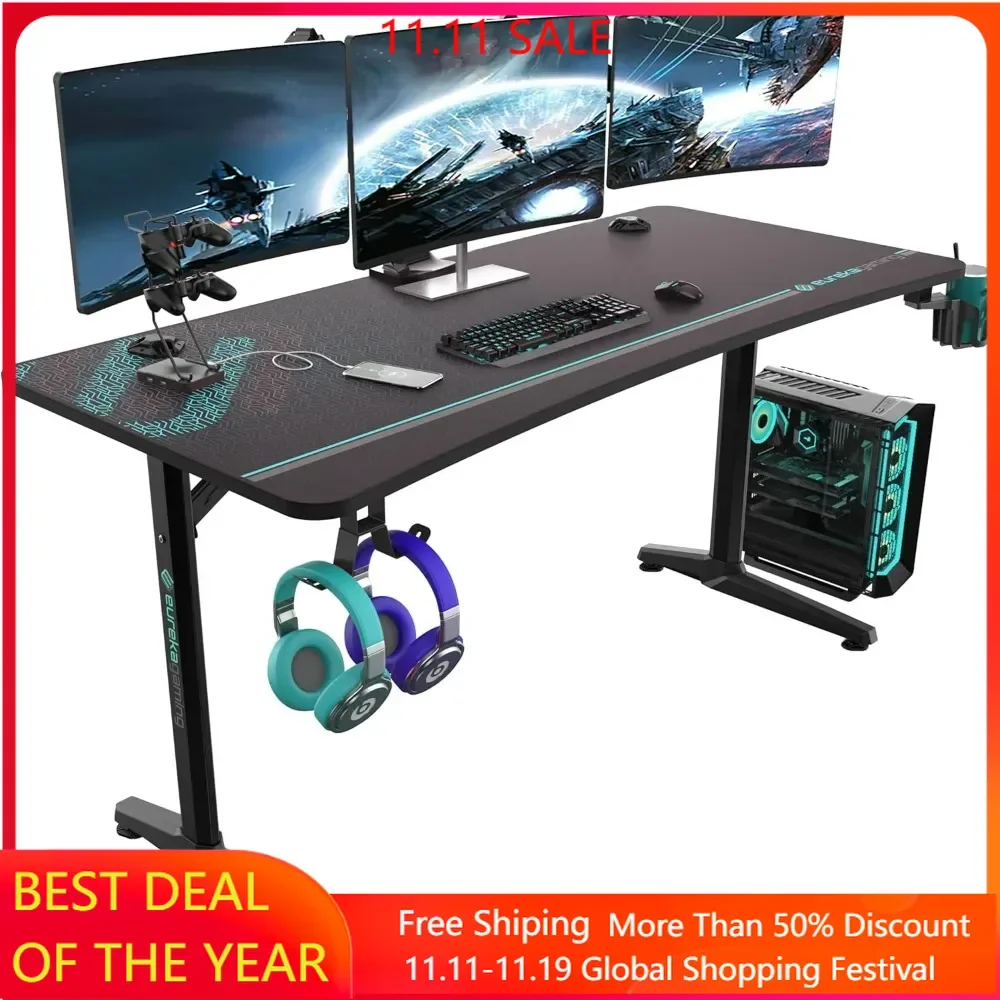 

Gaming Desk, Curved Computer Desk for 3 Monitors with Cup Holder, Headphone Hook Handle Rack USB Charging Ports, Gaming Desk