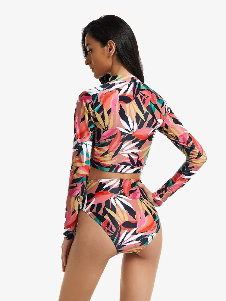 Tropical Print Swimwear Rashguard Women Long Sleeved Swimsuits Two-piece Surf Bathing Suits Beachwear (UPF 50+)