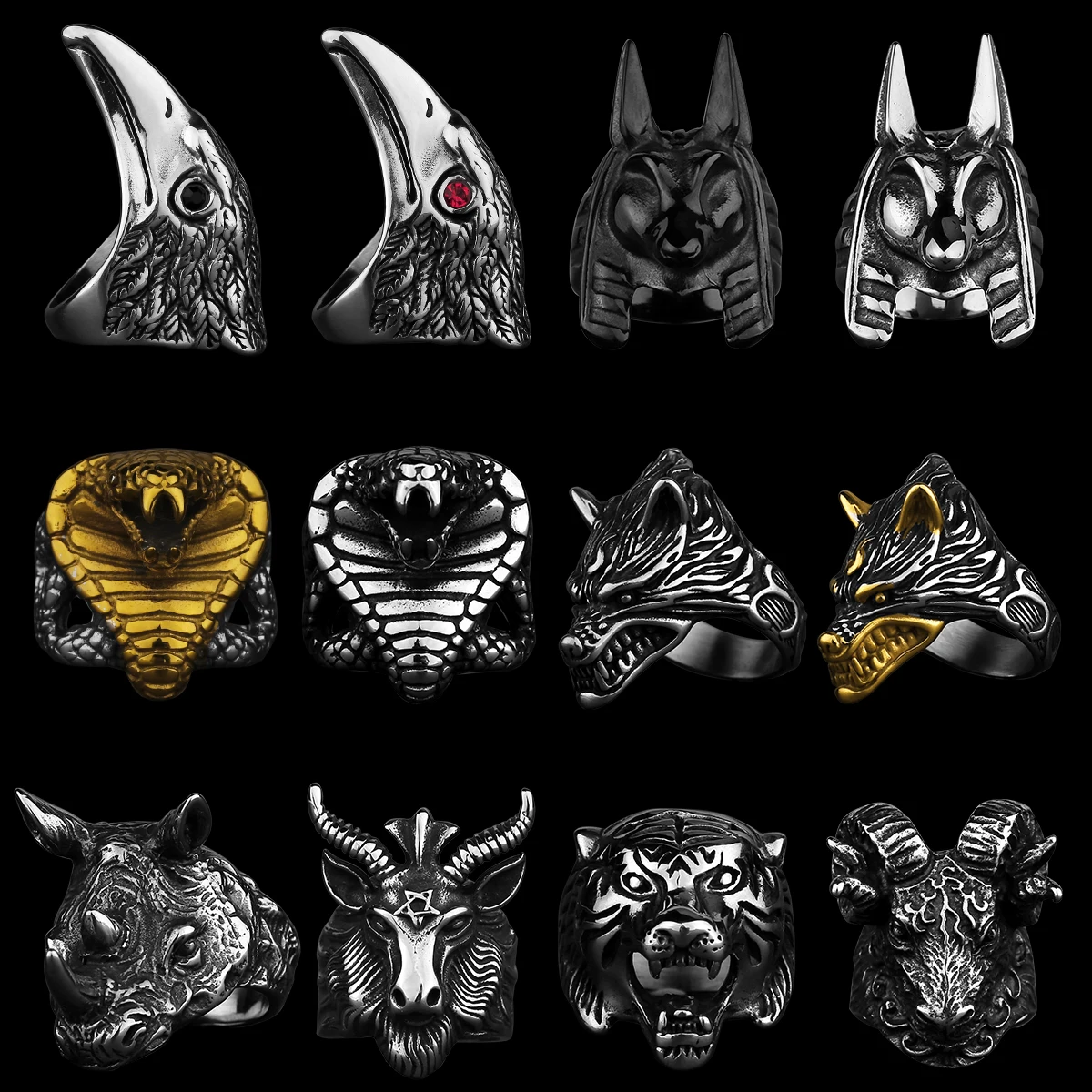 Stainless Steel Animal Men\'s Ring Mixed Gold Color Elephant Leopard Wolf Punk Hip Hop Biker Domineering Party Club Jewelry Gift