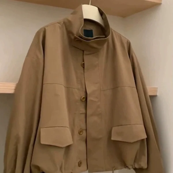 Women Autumn Korean Style Stand Collar Cargo Jacket Drawstring Hem Loose Slim Design Casual Short Coat