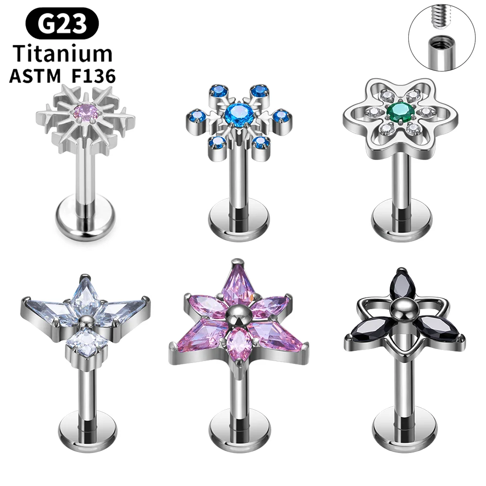 

G23 Titanium Ear Piercing Snowflake CZ Inlay Stud Tragus Cartilage Lobe Helix Daith Earrings Labret Lip Stud Women Body Jewelry