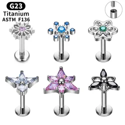 G23 Titanium Ear Piercing Snowflake CZ Inlay Stud Tragus Cartilage Lobe Helix Daith Earrings Labret Lip Stud Women Body Jewelry