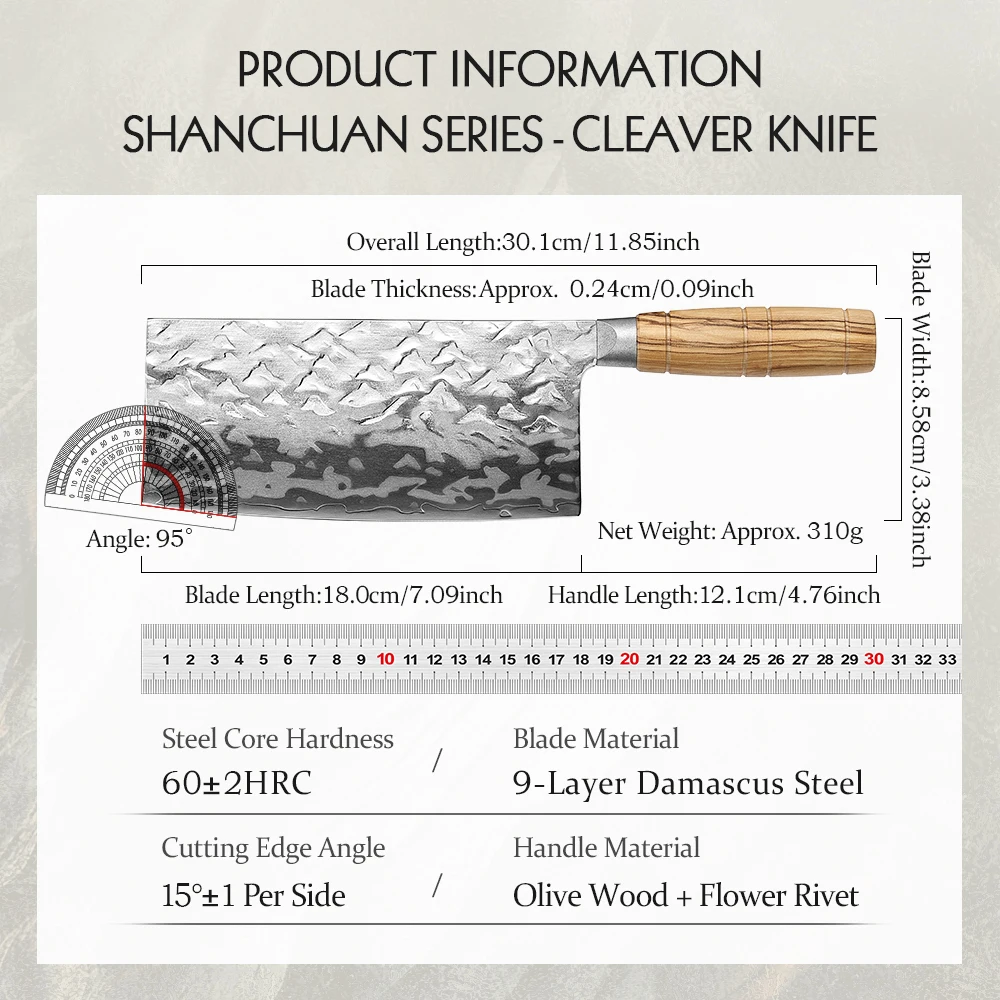 HEZHEN 7.1 Inch Cleaver Knife Premium 9‑Layer Damascus Steel 12Cr18MoV Core Ergonomic Olive Wood Handle Kitchen Slicing Knife