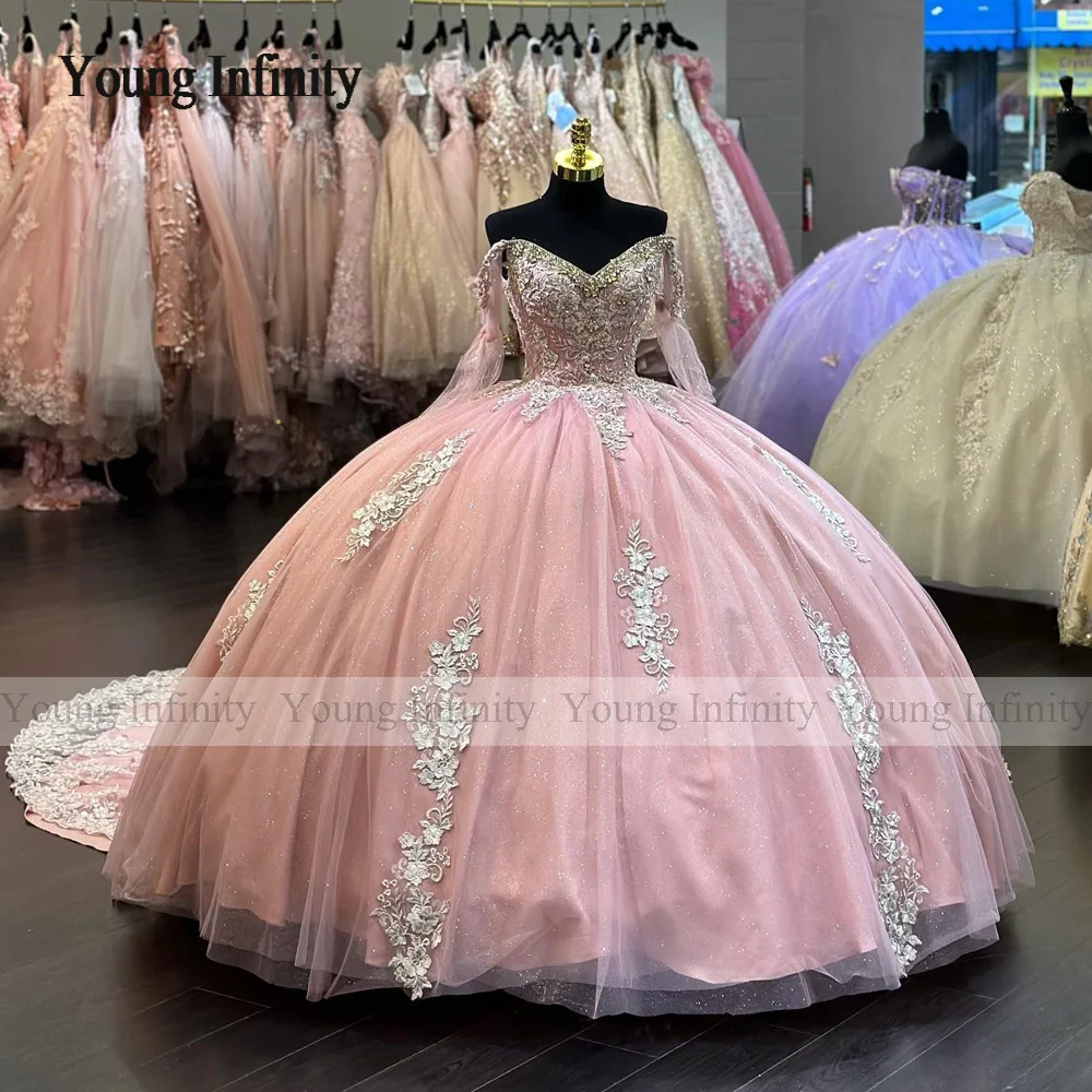 New In Pink Quinceanera Dress 2024 Ball Gown Princess Sweet 15 Birthday Party Gown Flower Long Train Backless Pageant Miss Gala