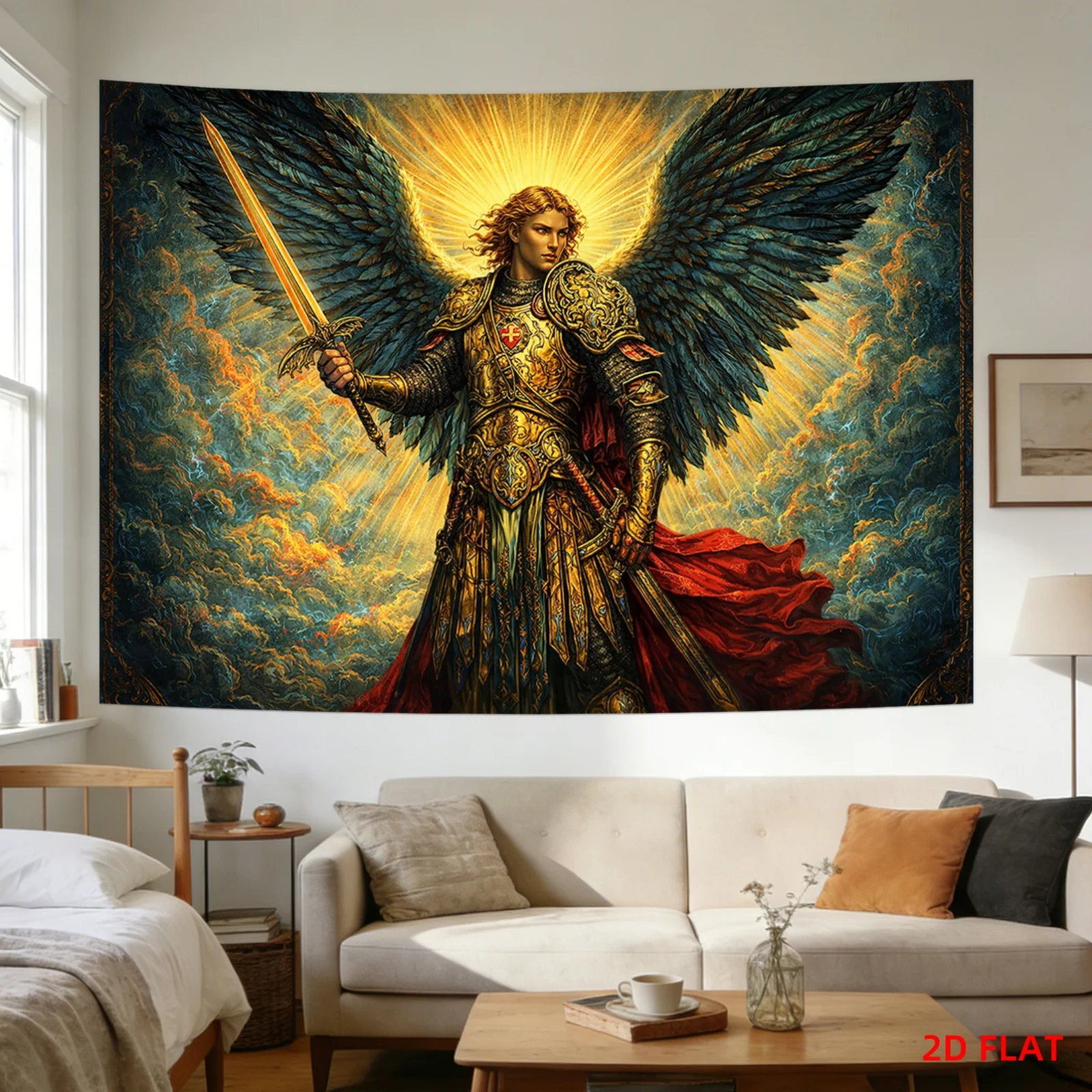 Epic Fantasy Warrior Tapestry Wall Hanging Decor Art Polyester Print for Man Cave Bedroom Room Decor Knight Angel Mythology Gift