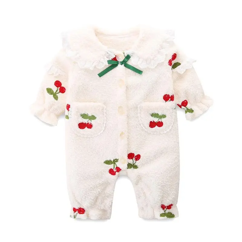 2024 Winter Baby Girl Warm Romper Lace Design Turn Down Collar Newborn Rompers Cherry Cute Baby Girl Fashion Jumpsuit Clothing