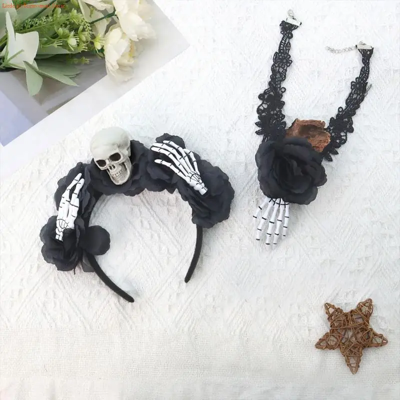

F92D Halloween Skull Floral Headband With Neck Choker Plastic Blooms Costume Accessories For Costume Parties And Spooky Event