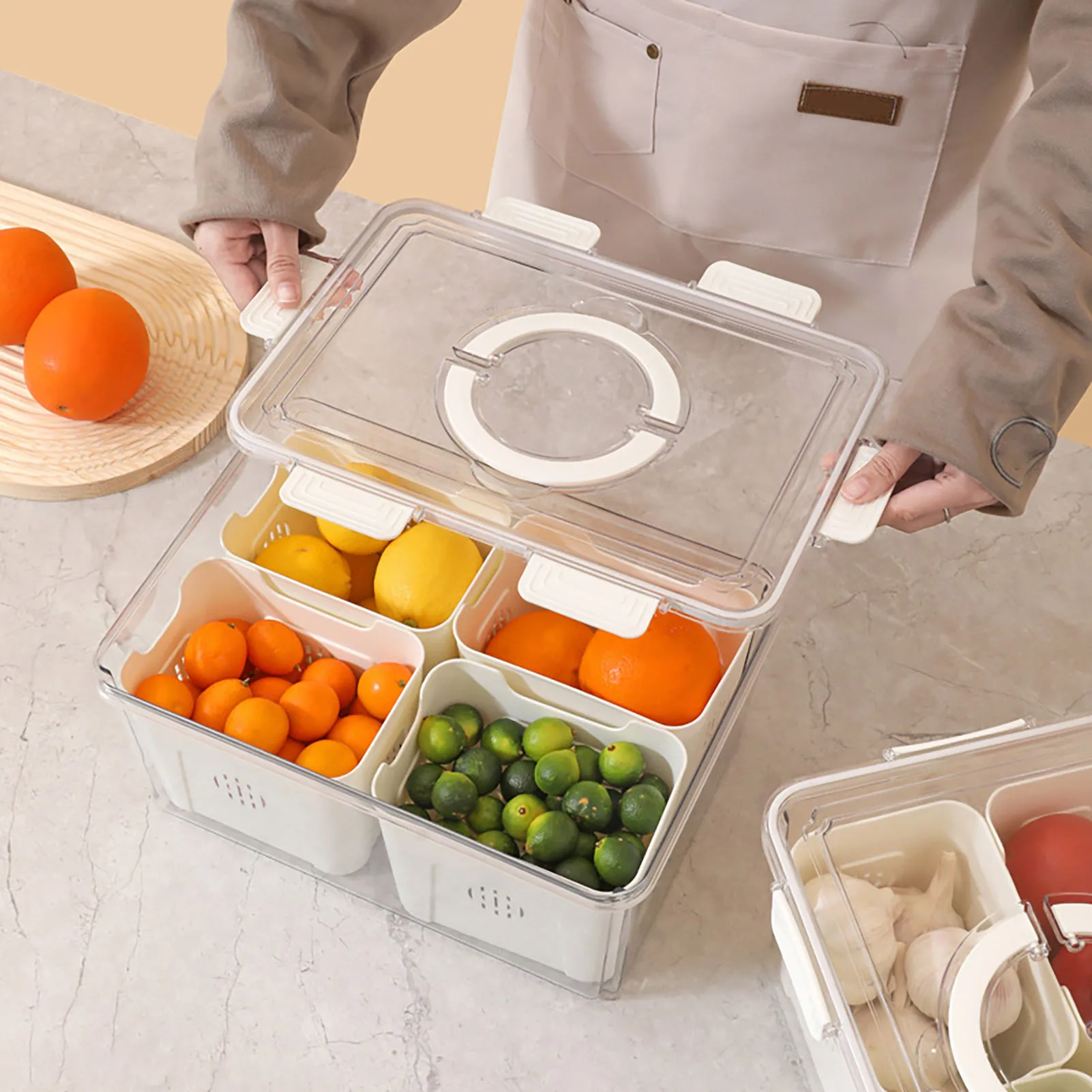 

Grids Divided Serving Tray Storage Box Kitchen Portable Sub-format Seasoning Separator Box Fresh-keeping Snack Fruits Food Box