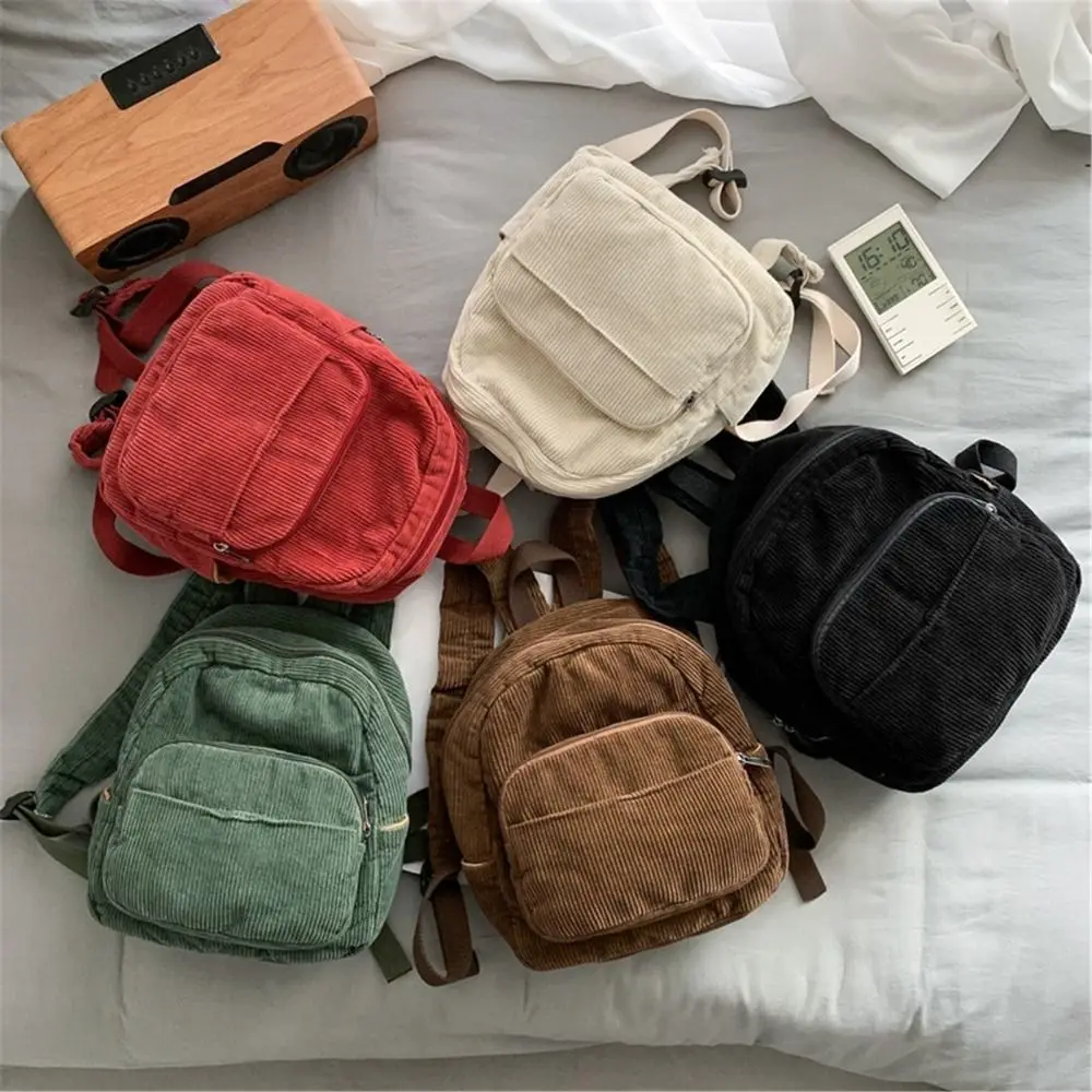 Casual Small Backpacks Aesthetic Corduroy Mini Backpack Purse Japanese Style Travel Roomly Double Shoulder Bags