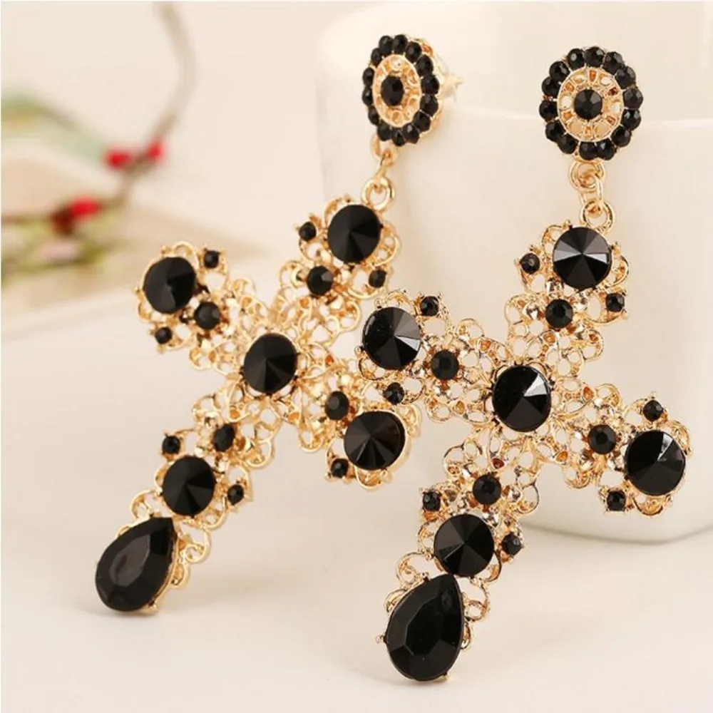Delicate Alloy Vintage Cross Earrings Large Cross Shape Baroque Long Earrings Colorful Handmade Earrings
