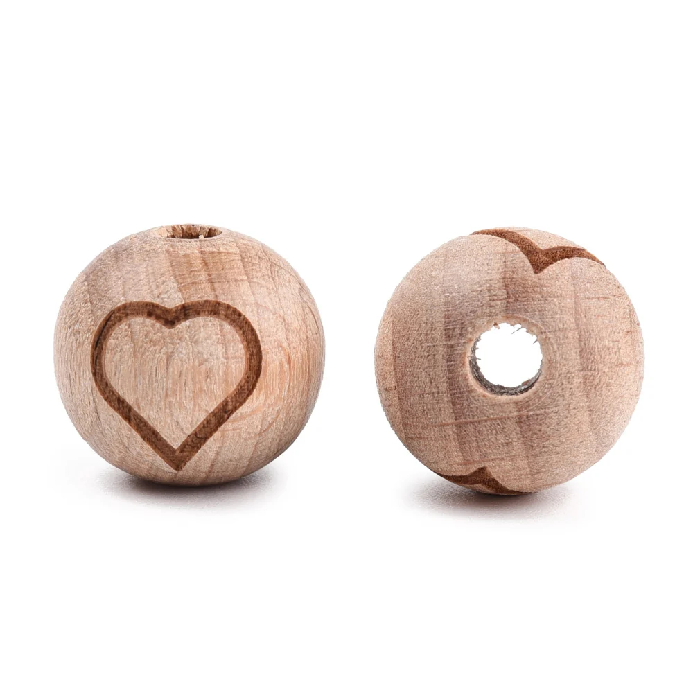 200Pcs Beech Wood Beads Round Balls Engraved with Moon Rainbow Heart Loose Natural Wooden Beads for Jewelry Making Macrame Craft