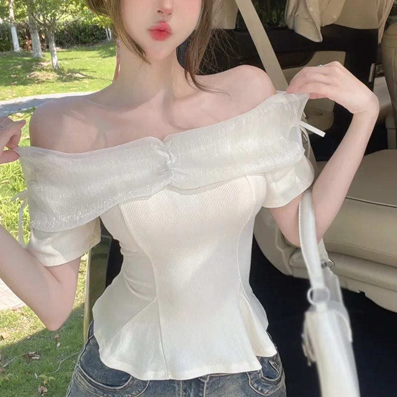 Elegant Romantic Style Women\'s Blouse Summer Gauze Ruffled Off Shoulder Bow Short Puff Sleeved Shirt Top for Evening Clothing