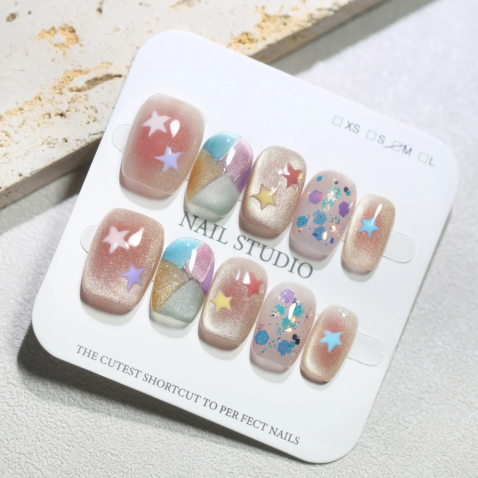 

10 шт./пакет, прыгающие звезда, конфеты, кошка, магнитный пресс ручной работы, короткие квадратные накладные ногти с полным покрытием