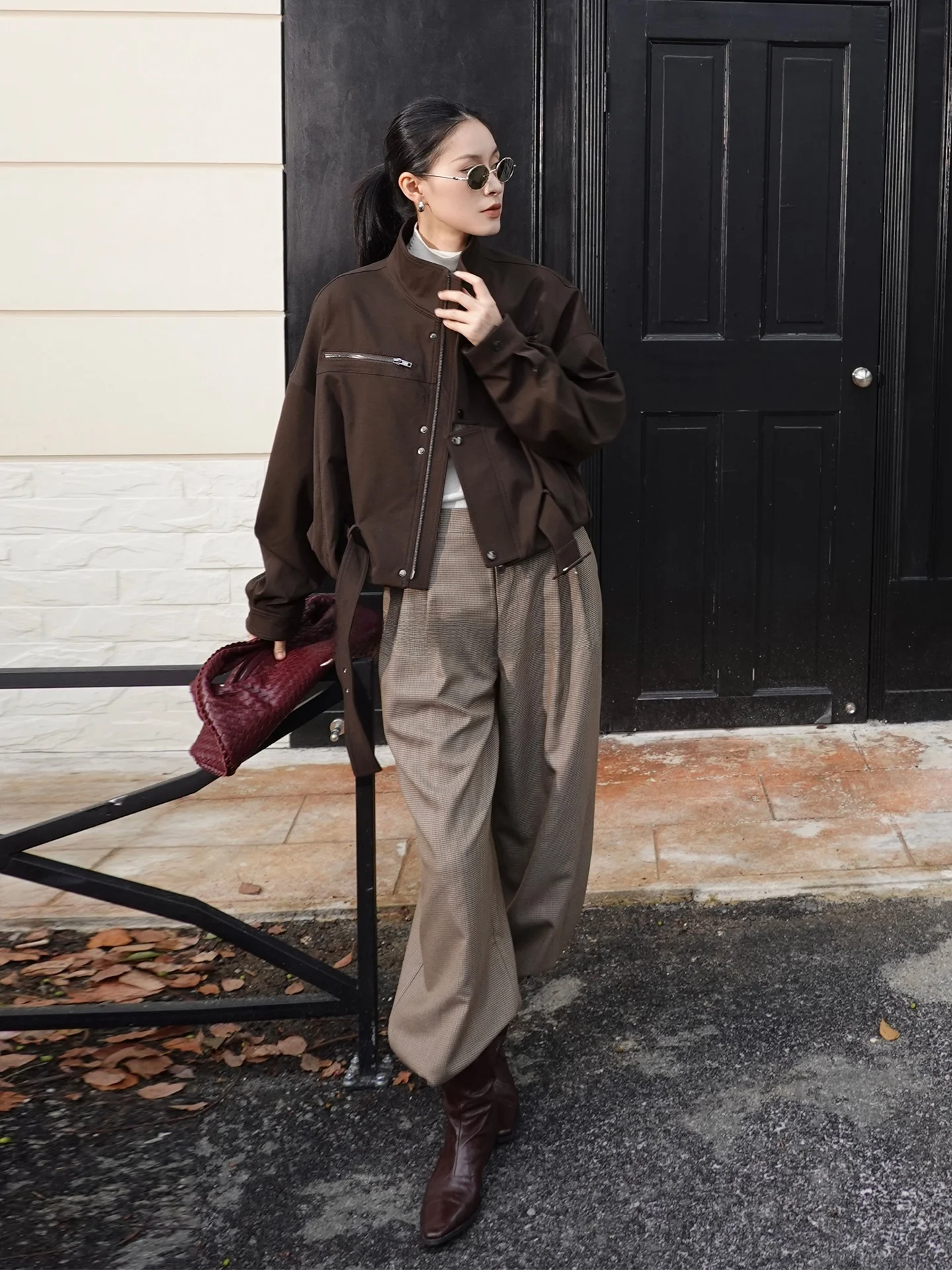 

JIEJI Zhang Spring Vintage Loose Motorcycle Jaet Brown Belt Slimming Coat Casual Sle Women's ort Outerwear