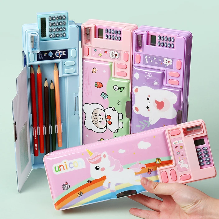 Multifunctional Students' Pencil Case with Calculator Pencil Sharpener Eraser and Name Label School Plastic ABS Pencil Box