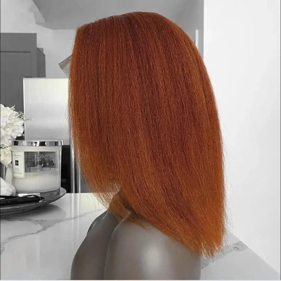 Soft Preplucked Yaki Orange Brown 30Inch Long Kinky Straight Lace Front Wig For Black Women Baby Hair Synthetic Glueless Daily