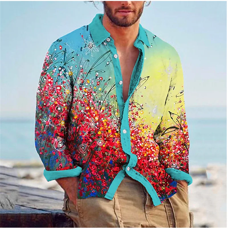 Camisa con solapa y botones para hombre, Tops de manga larga con estampado de flores, cárdigan informal de diseñador, S-6XL, nueva moda, 2023