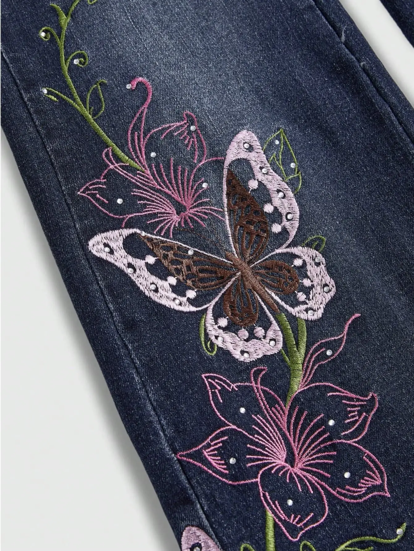 New Arrival Y2K Retro Millennium Butterfly Vine Embroidery Rhinestone Flared Jeans for Women Vintage Denim Trousers Long Pant