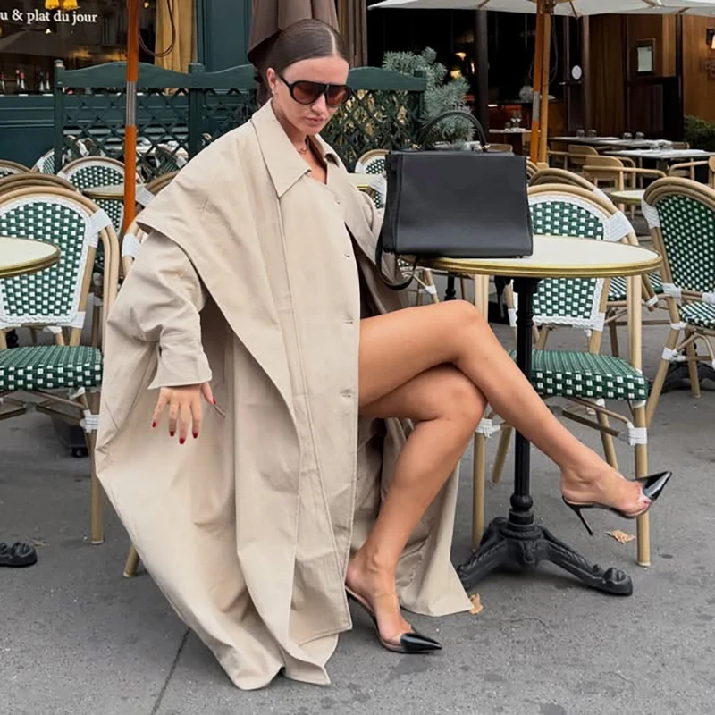 Damen Cape Trenchcoat Vintage Doppelreihig Langarm Revers Locker Geschnitten Übergroßer Mantel Streetwear Herbst Unregelmäßige Jacke