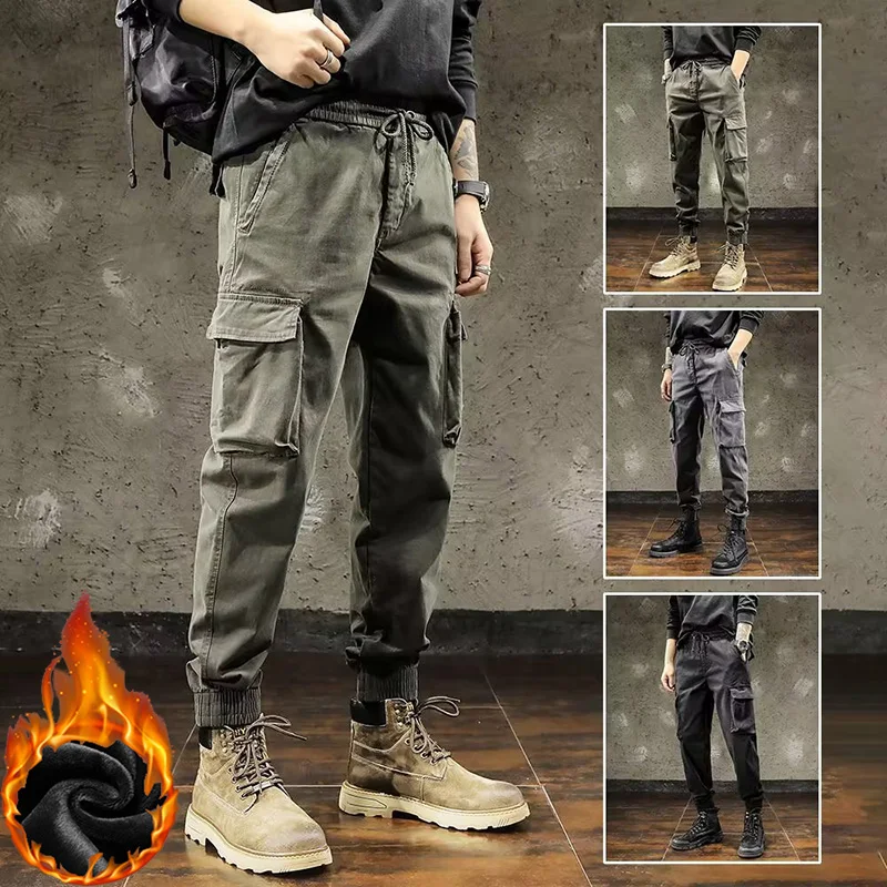 

Модные трендовые мужские брюки, зимние термостойкие свободные молодежные жизненные повседневные брюки, удобные однотонные брюки-карго с коническими штанинами