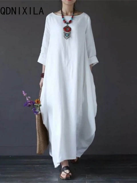 Nuovo vestito bianco allentato donna 2024 primavera estate tre quarti moda oversize abiti lunghi Casual cotone abbigliamento donna Robe AliExpress