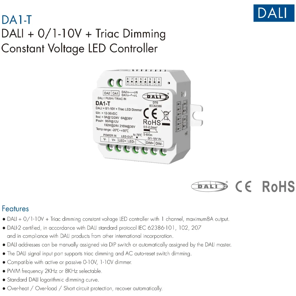 DALI 0/1-10V Triac Dimmer DC 12V 24V 36V DT6 LED Controller Push Switch Dimming for COB WW NW CW Single Color LED Strip Light