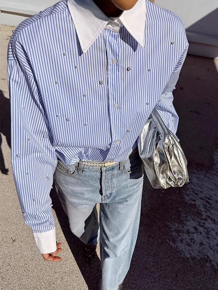 女性用ルーズ長袖ストライプシャツヘビー刺繍春の新スタイル多用途デザインカジュアルファッションポリエステル繊維