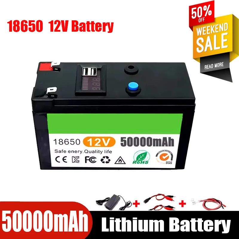 

12V 50000mah lithium battery pack is suitable for solar energy and sprayer LED light electric vehicle battery 12.6V 3A Charger