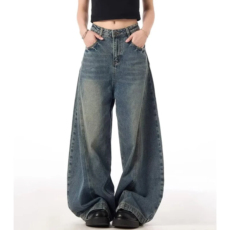 Retro Trendy Girls Baggy Wide Leg Jeans Female Solid Color High Waist Trousers Women Casual Fashion Thin Denim Pants