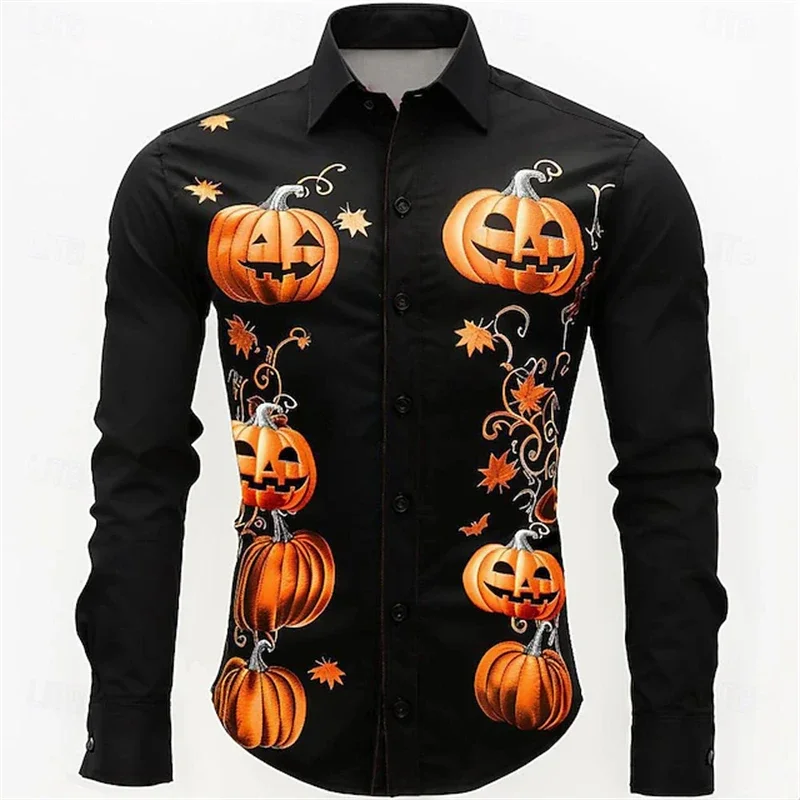 2024 Halloween Fun New Fall And Winter Yellow Shirt Halloween Party Fashion Men'S Long Sleeve Tops Temperament Button Down Shirt