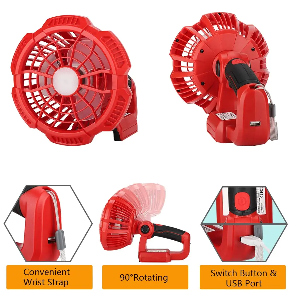 Portable Handheld Fan Rechargeable Camping Fan for Milwaukee 18V Batteries with Remote Control, 3 Wind Speed/Light Adjustable