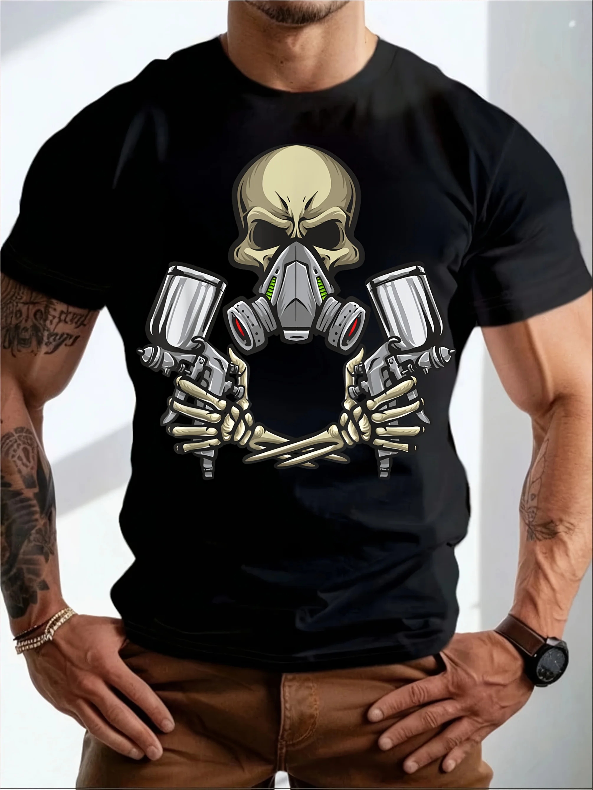 

Auto Body Painter Skull Spray Gun T-Shirt 100% Cotton O-Neck Short Sleeve Summer Casual Mens T-shirt Streetwear