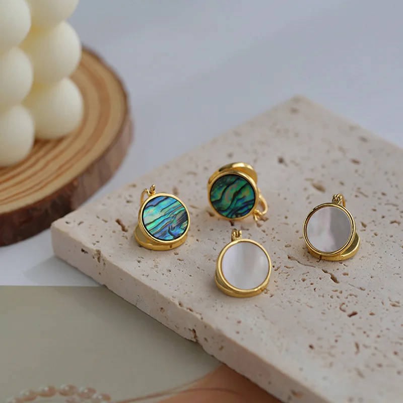 Women fashion gold plated earring hoop with pearl mother shell abalone