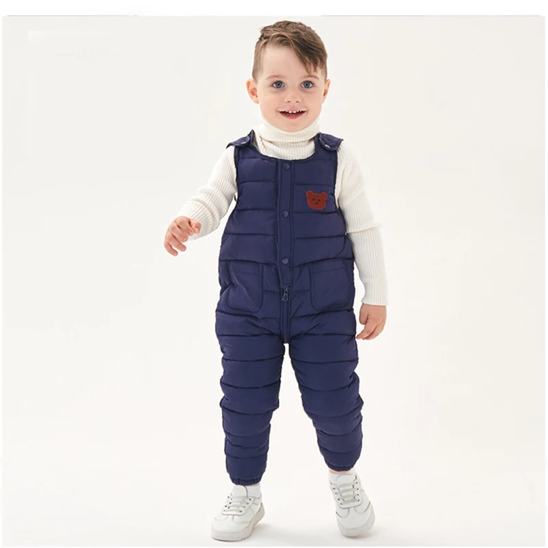 New Autumn Winter Boys Girls Jumpsuits Cartoon Bear Lnner Lining With Velvet Warm Overall Pants For Kids Children Bodysuits