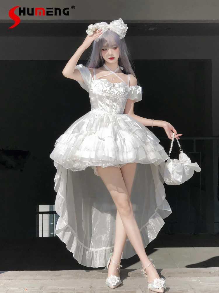 

Original White Flower Wedding Dress Sweet Princess Slim-Fit Elegant Long Trailing Neck Suspender Fairy Dress Women Evening Dress