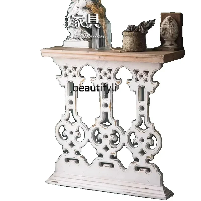 TTT Hentrance table French retro hollow dining side table Solid wood entrance against the wall table Home decoration rack entran