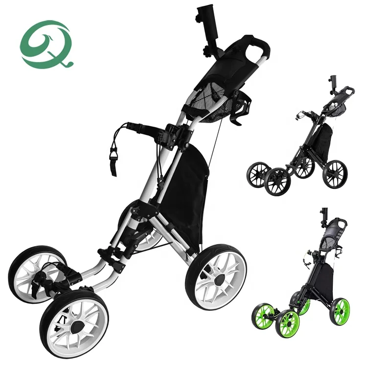 Factory Custom Your Logo Aluminum Folding Golf Trolley 4 Wheels Golf Push Pull Cart Compact Walking Golf Bag Cart With One-Click