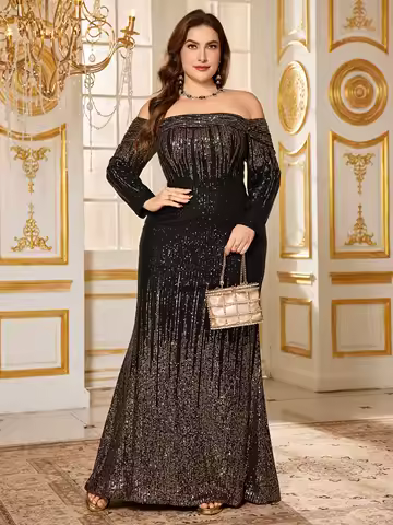 UNITHORSE Plus Size Women Glittering Off Shoulder Formal Dress For Party, Ball, Wedding Guest Attire, Evening Dress