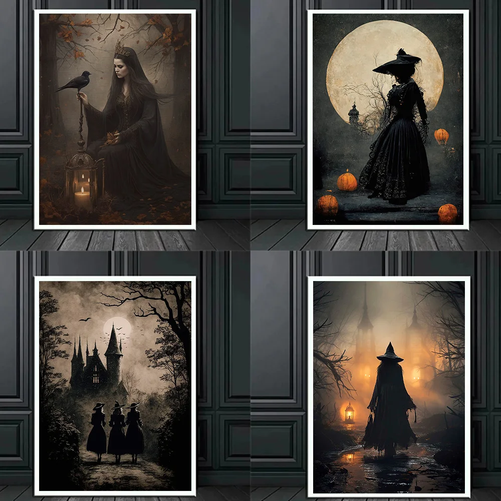 Vintage surrealista gótico espeluznante bruja y cuervos calabazas cartel Vintage lienzo pintura pared arte imágenes Halloween decoración del hogar