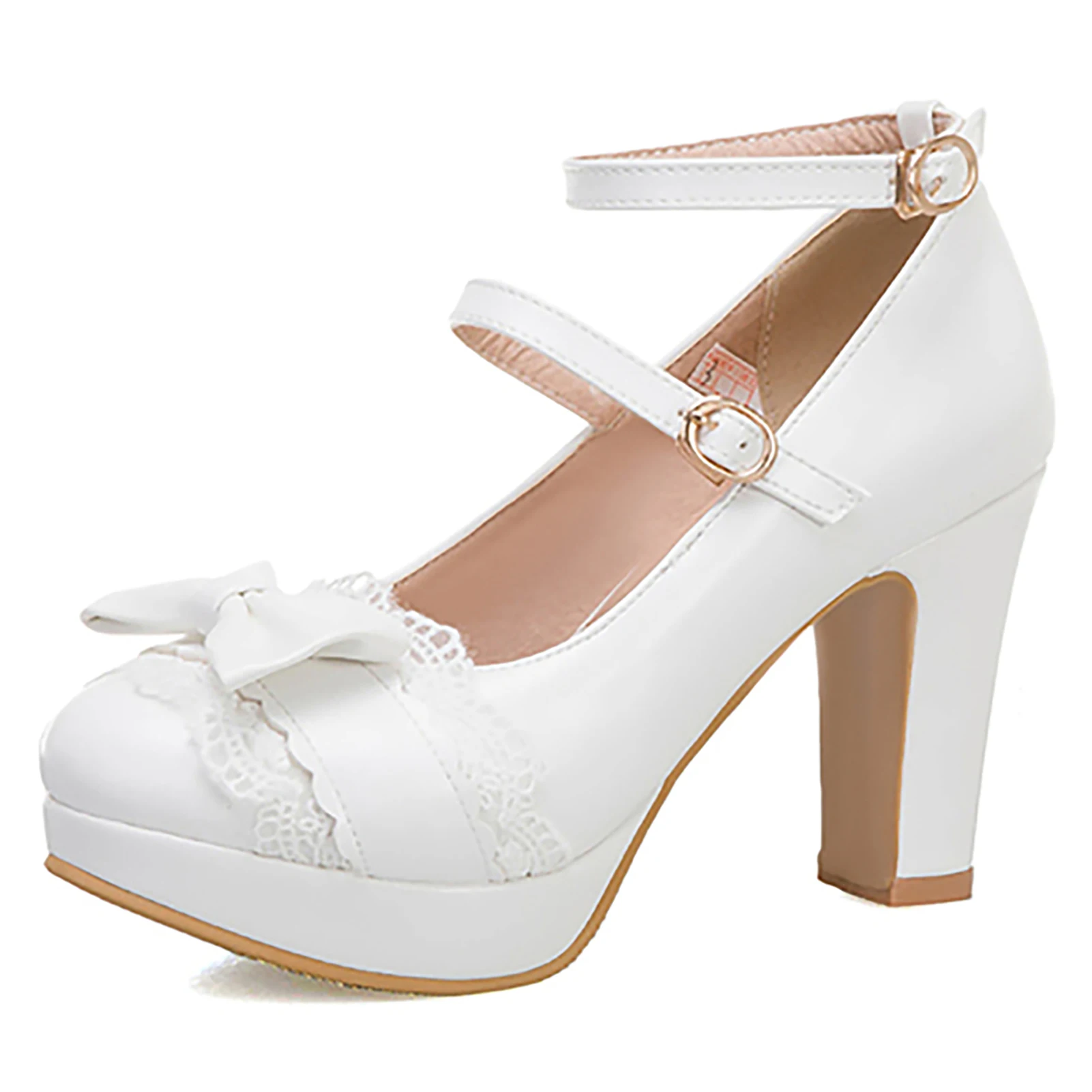 Mary Janes Heels for Women Cute Platform Heels with Bow Lace Closed Toe Kawaii Shoes Vintage Dress Shoes White/Pink