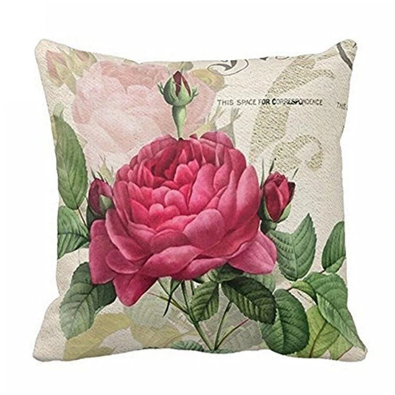 2X Floral/Flower Flax Decorative Throw Pillow Case Cushion Cover Home Sofa Decorative(Rose Flower&3 Roses)