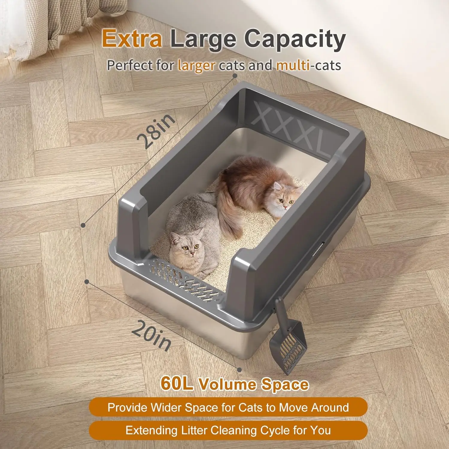 

XXXL Stainless Steel Litter Box with Lid, 28" L x 20" W x 14" H Extra Large Cat Litter Box, Enclosure Metal Cat Litter Pan·New