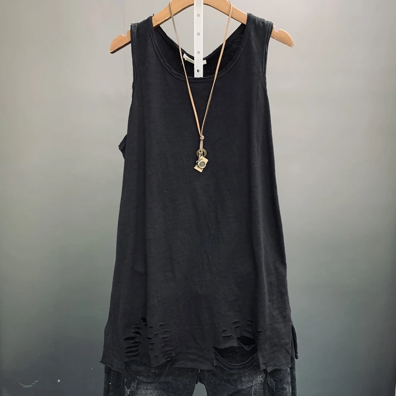 Solid cotton tank top for women, round-necklace, loose, casual, match all, new summer 2025