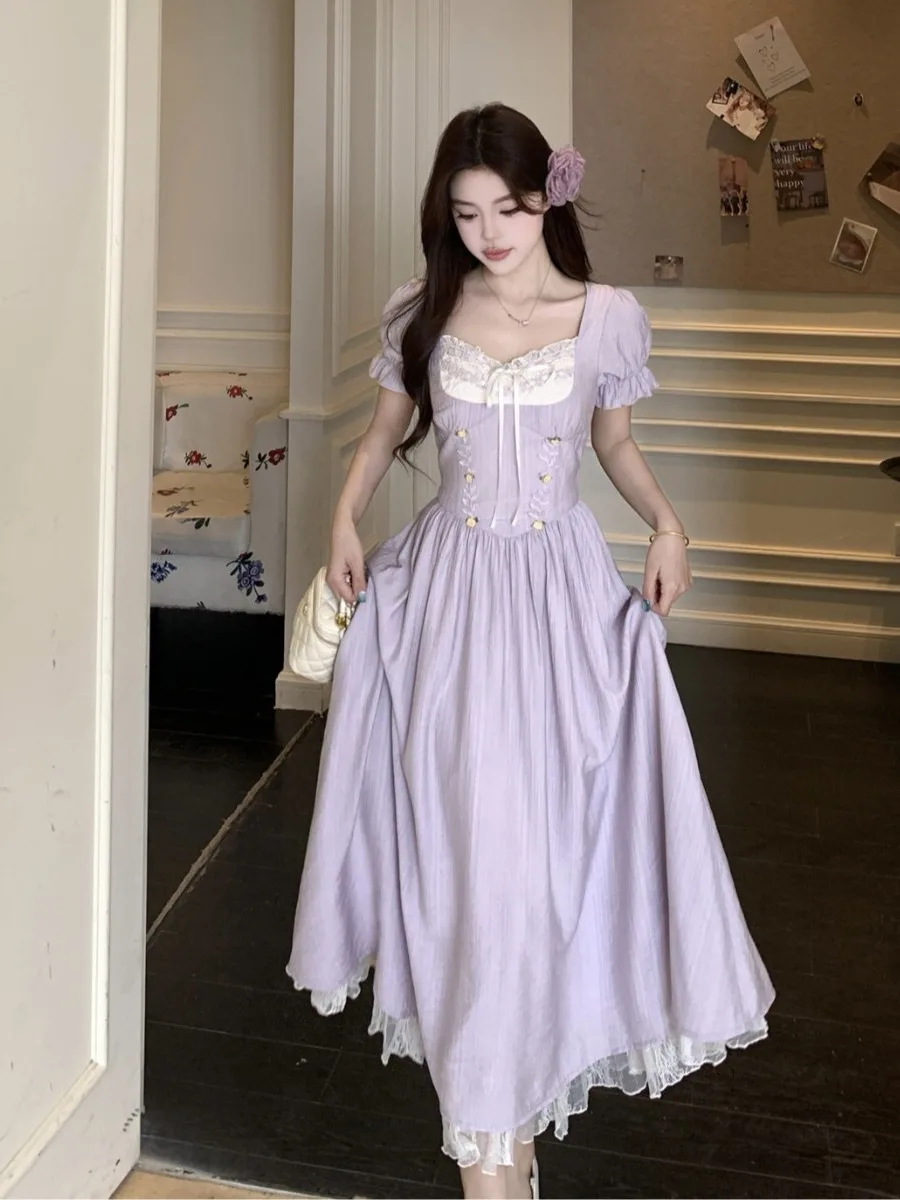 

plus Size Slimming Lace Insert Waist Cinched Summer New Style Gown Korean Style Commute Wind A-Line Long Dress