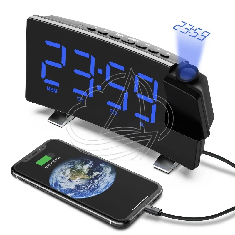 180°Projection Digital Alarm Clock Large LED Ceiling Wall Projector Clock for Bedroom Heavy Sleeper