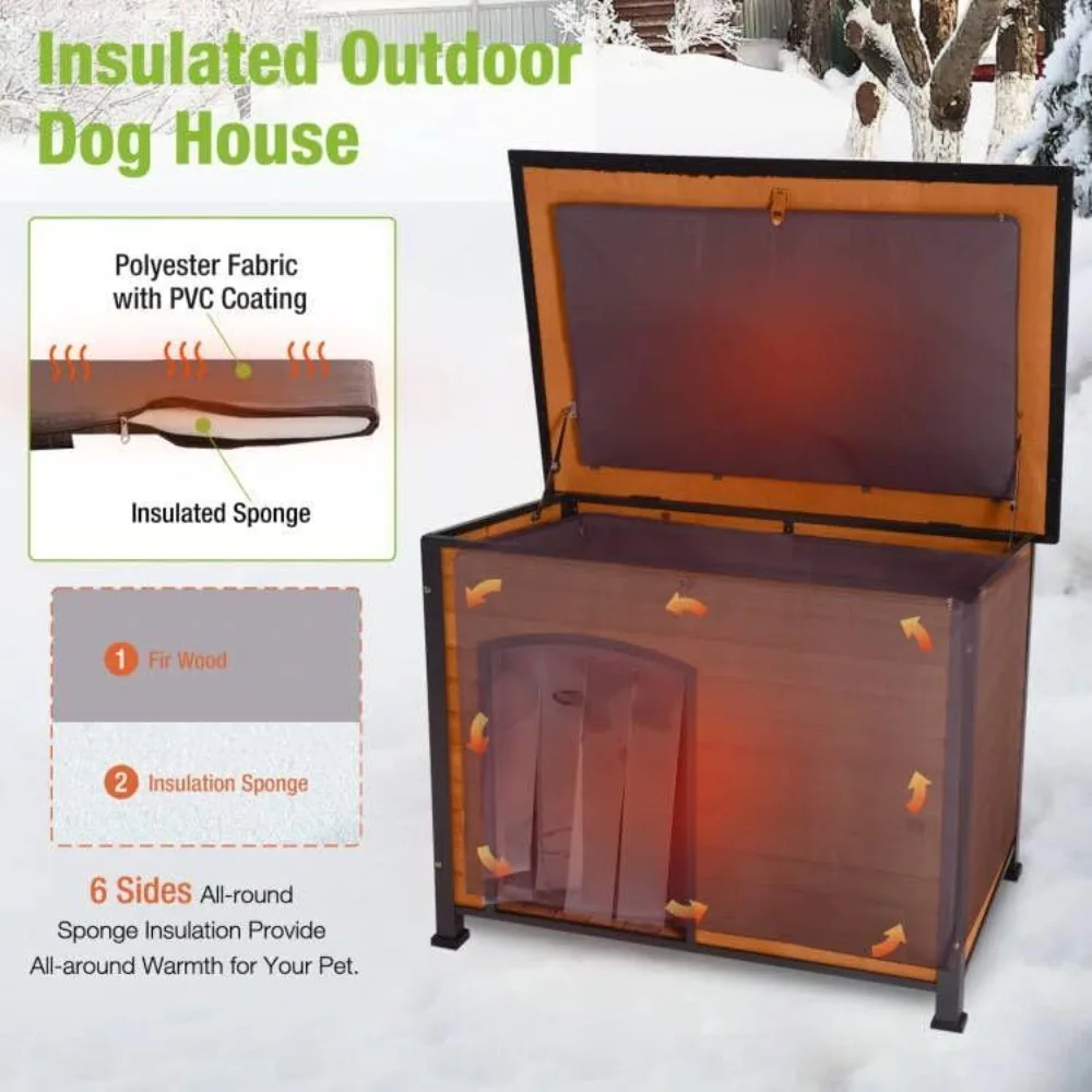 Large Insulated Dog House for Winter Outdoor Dog Kennel with Anti-Chewing Metal Frame for Small to Medium Dogs,Brown